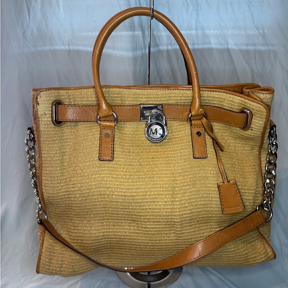Michael Kors Straw Hamilton Tote Large Tan Leather Trim Satchel